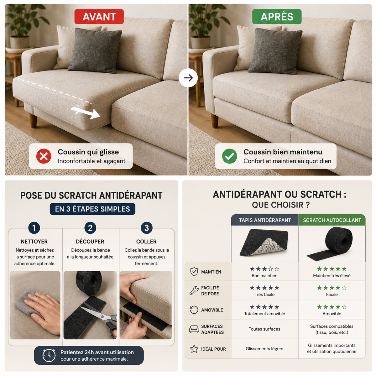 Scratch Autocollant Noir pour Empêcher les Coussins d'Assise de Glisser - 15 cm X 1M