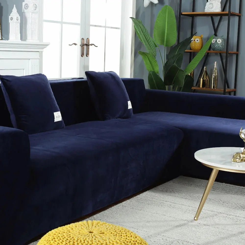 Housse De Canapé d'Angle En Velours Bleu marine - La Maison de la Housse®