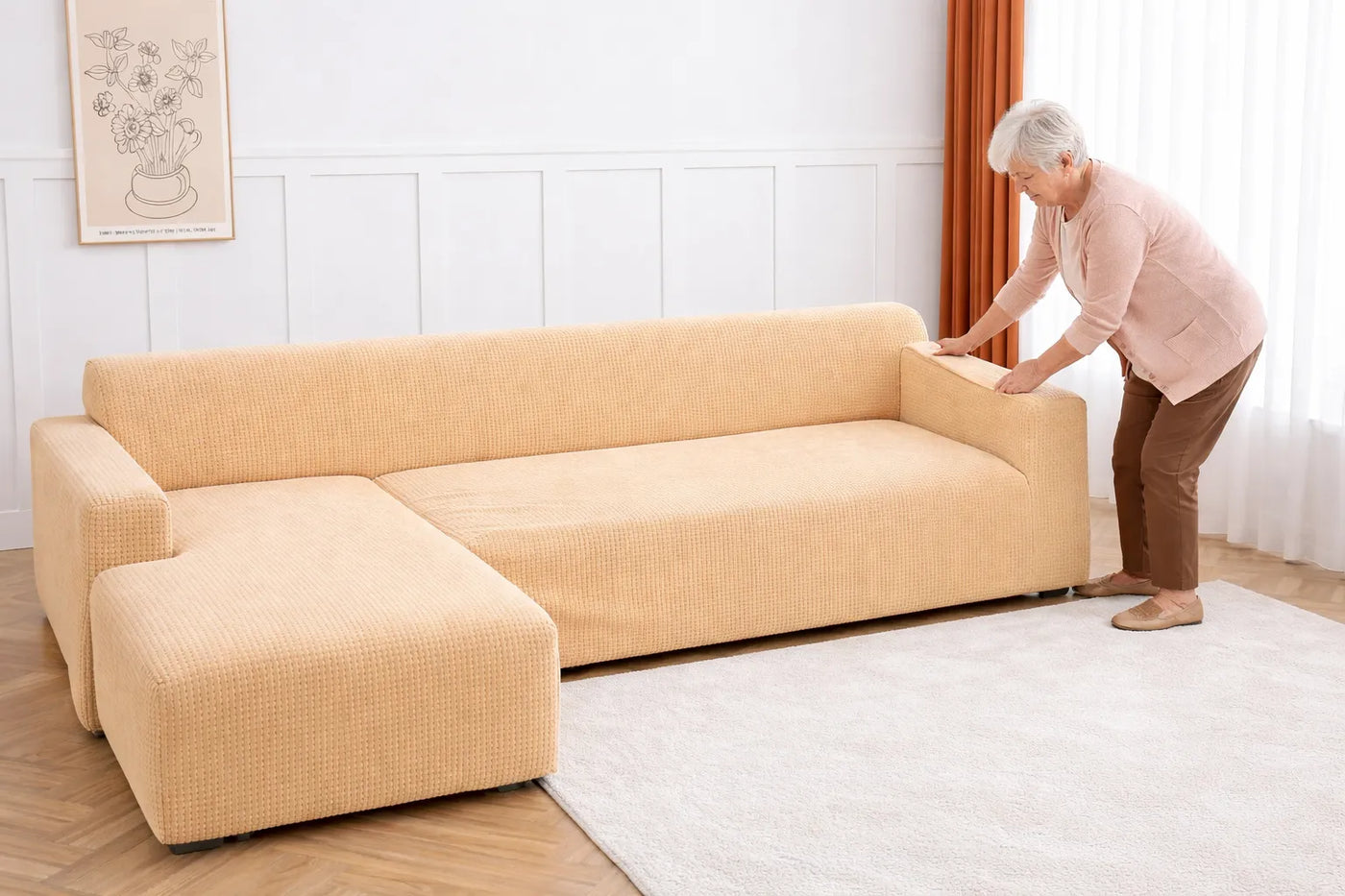 mamie installe housse de canape angle