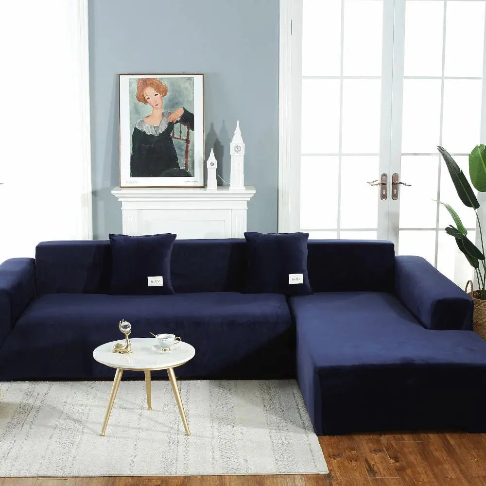 Housse De Canapé d'Angle En Velours Bleu marine - La Maison de la Housse®