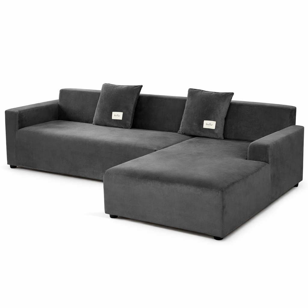 Velours Gris - Housse de canapé d’angle  Extensible
