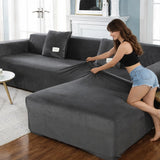 Velours Gris - Housse de canapé d’angle  Extensible