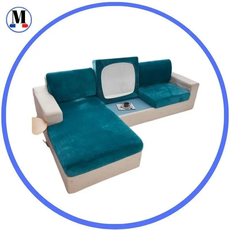 Housse Coussin d'Assise Canapé en Velours Bleu Canard - La Maison de la Housse®